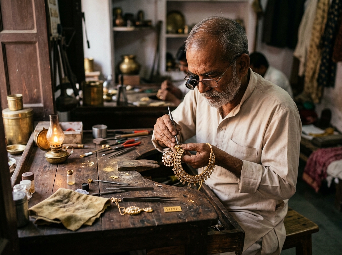 Master Craftsman setting polki diamond necklace at JM Jewellery Atelier