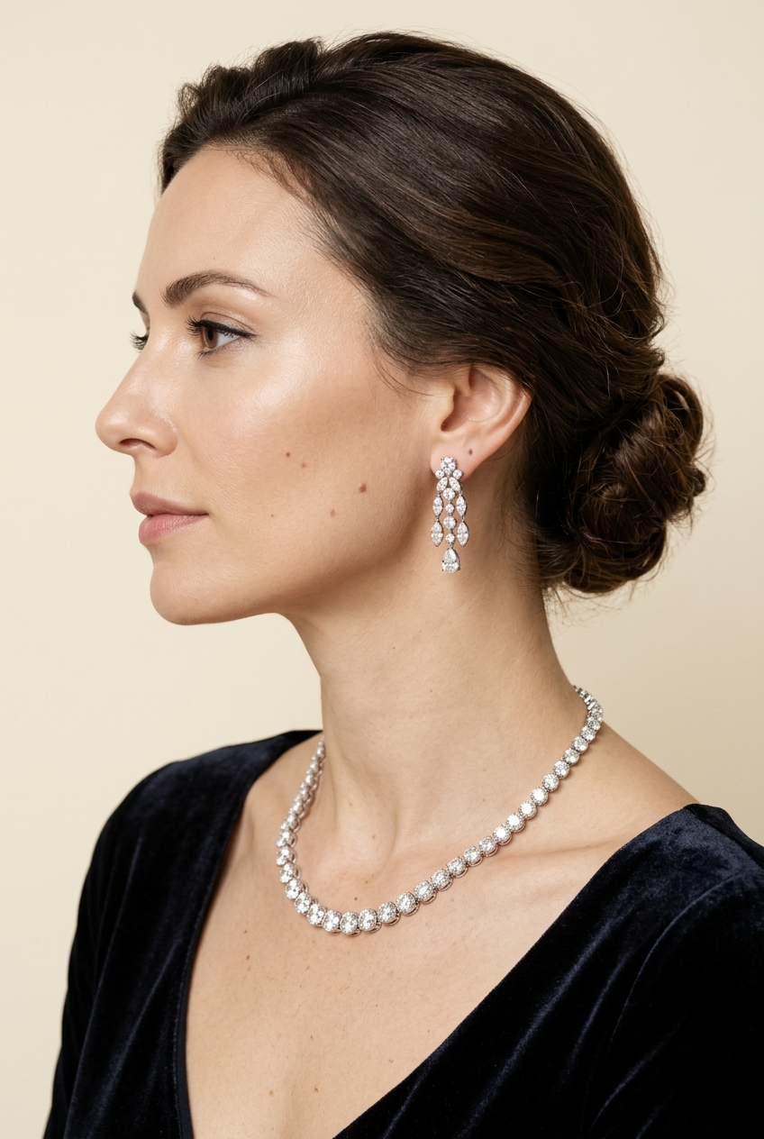 Model in diamond necklace profile