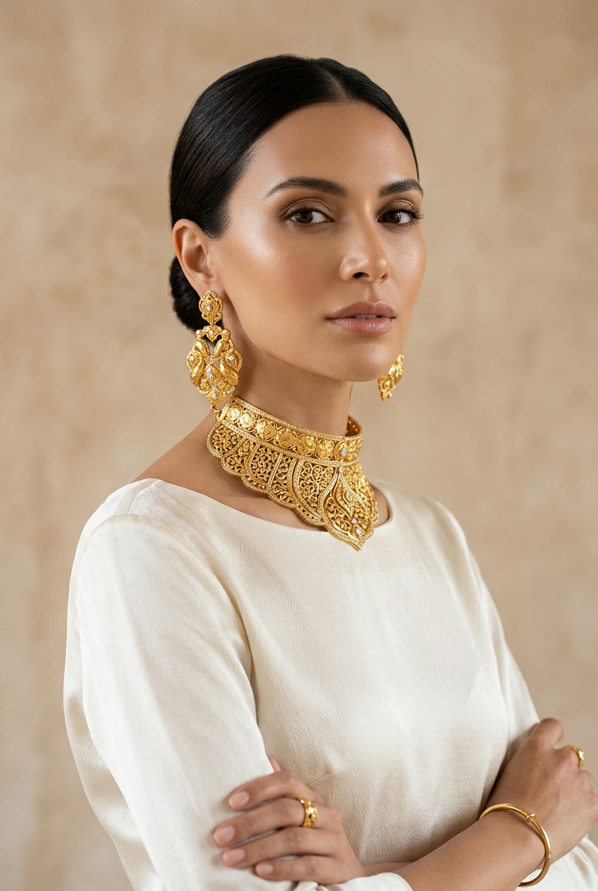Model in royal golden choker