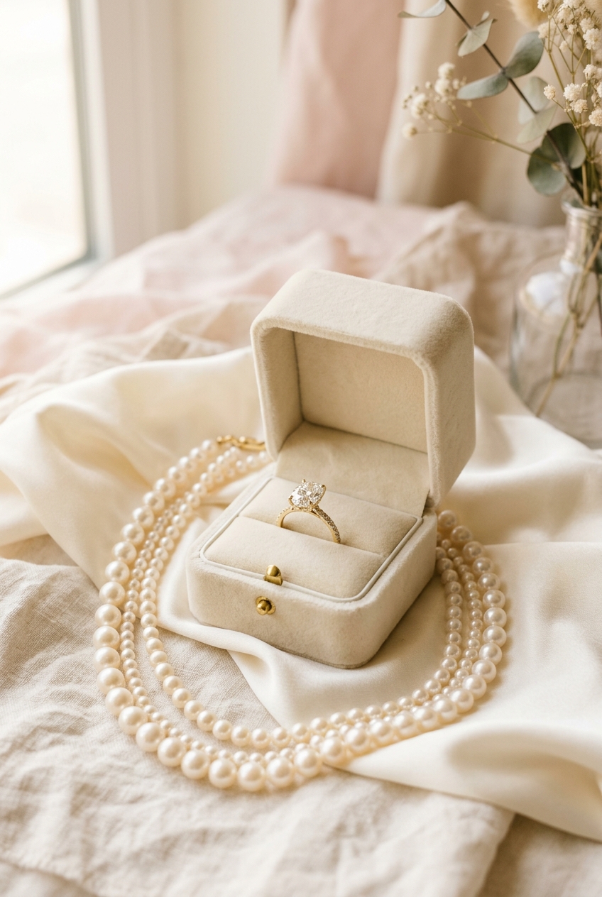 Solitaire diamond engagement ring with pearls