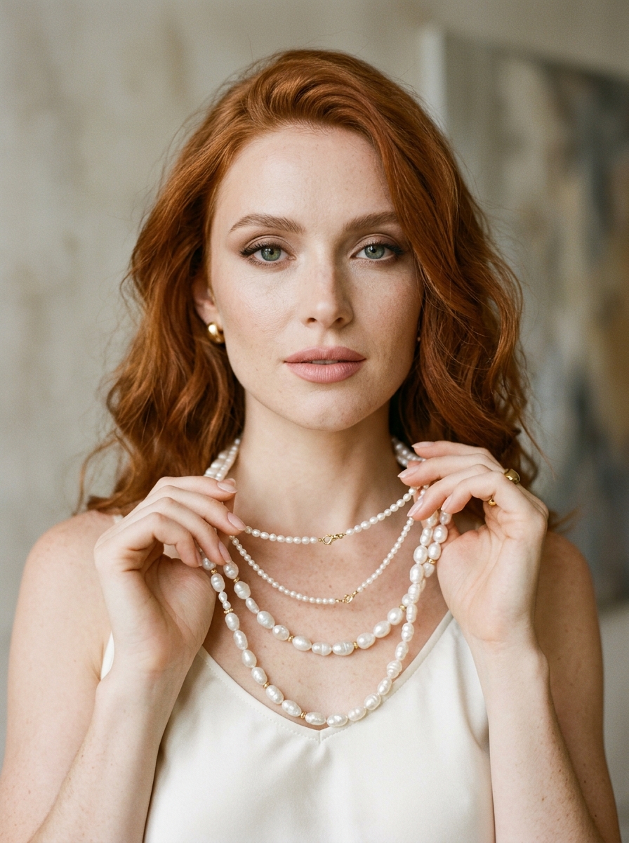 Model in layered pearls and earrings