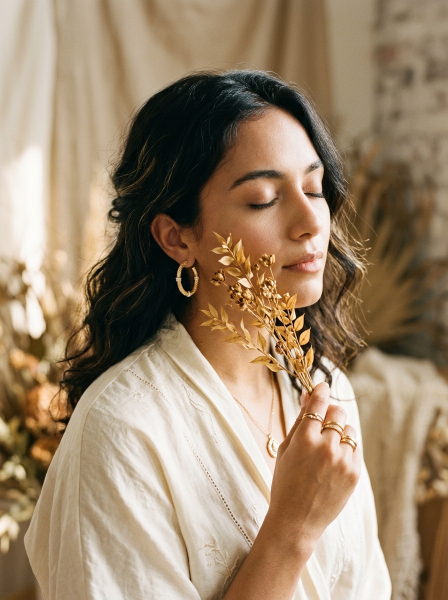 Model wearing gold bracelets and earrings