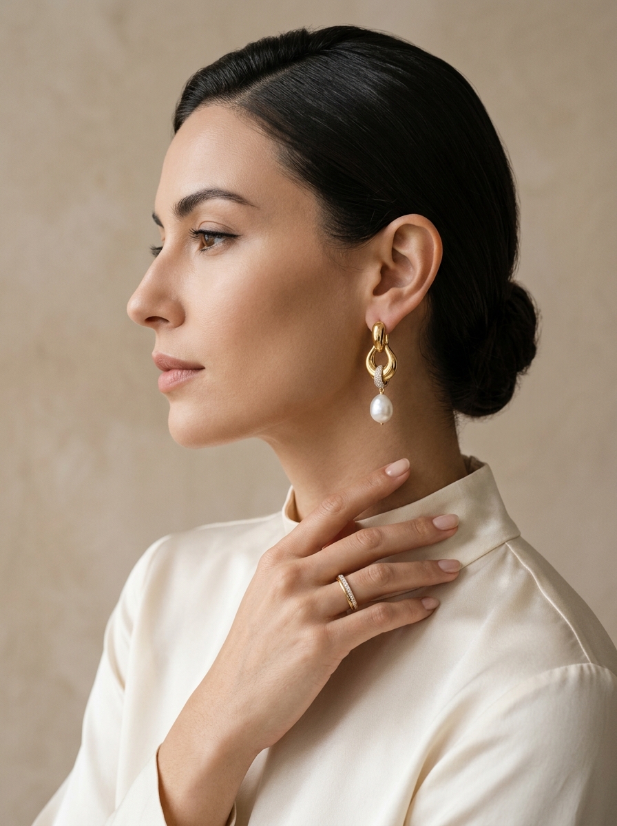 Fashion model wearing pearl drop earrings