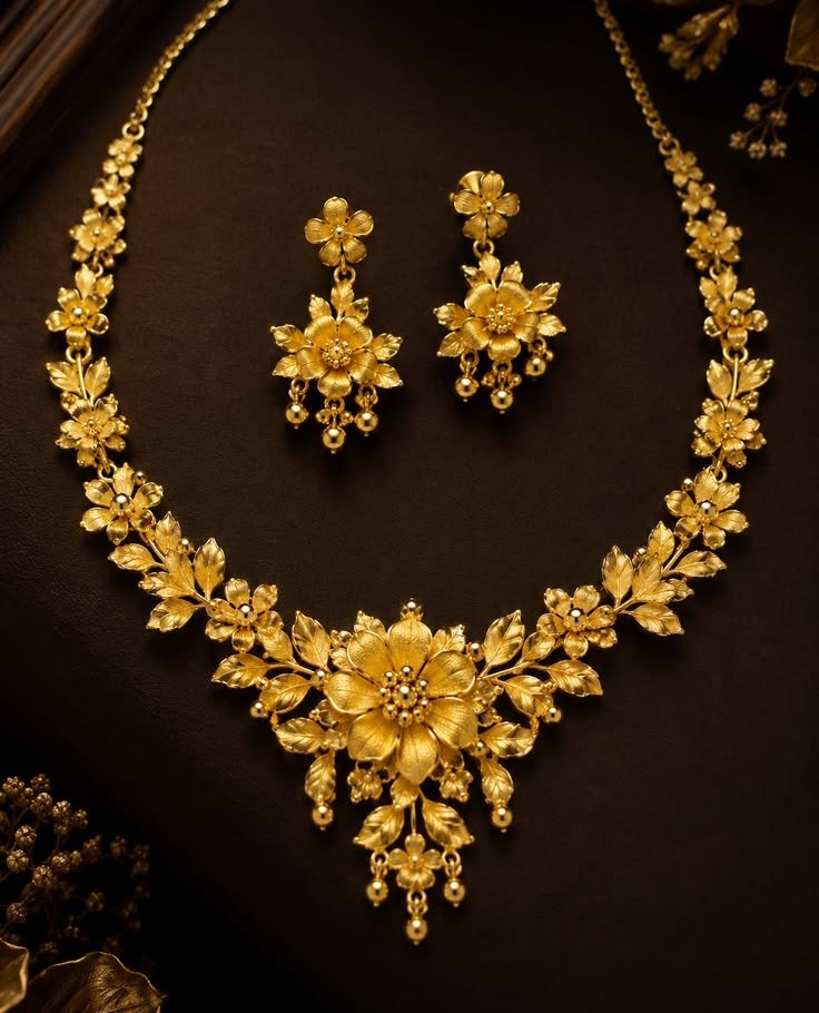 Royal 22K Gold Floral Necklace and Earrings by Shree Jamuna Atelier